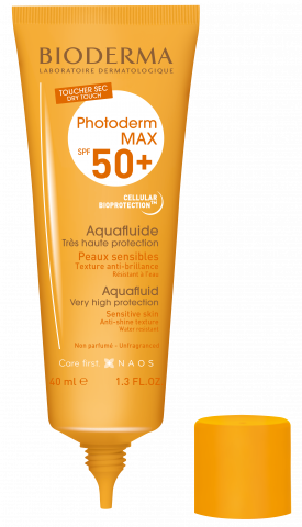 BIODERMA produkta foto, Photoderm MAX Aquafluide SPF 50+ 40ml, viegls saules aizsarglīdzeklis jutīgai ādai